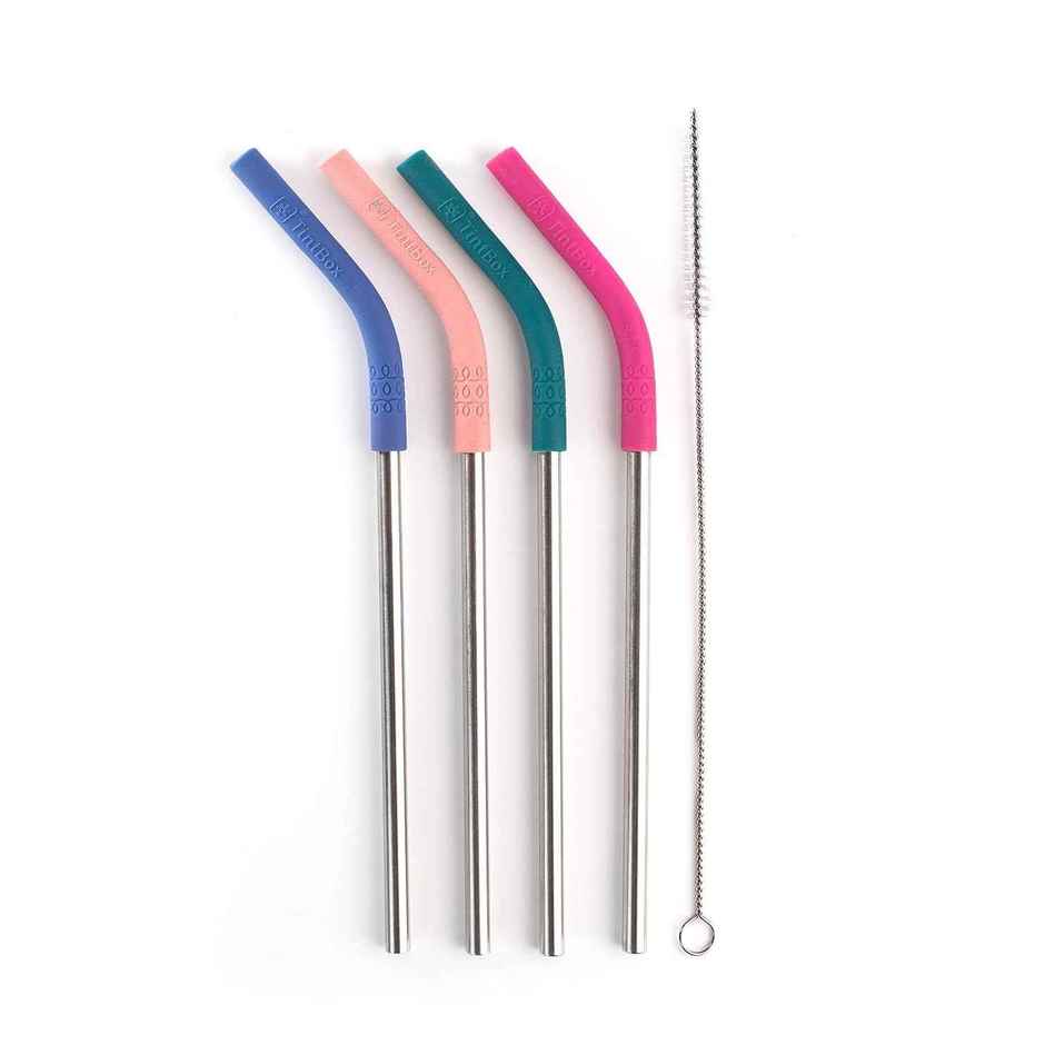 Tintbox Reusable Stainless Steel Straws With Silicone Tip, Pack Of 4 Straws With Cleaning Brush