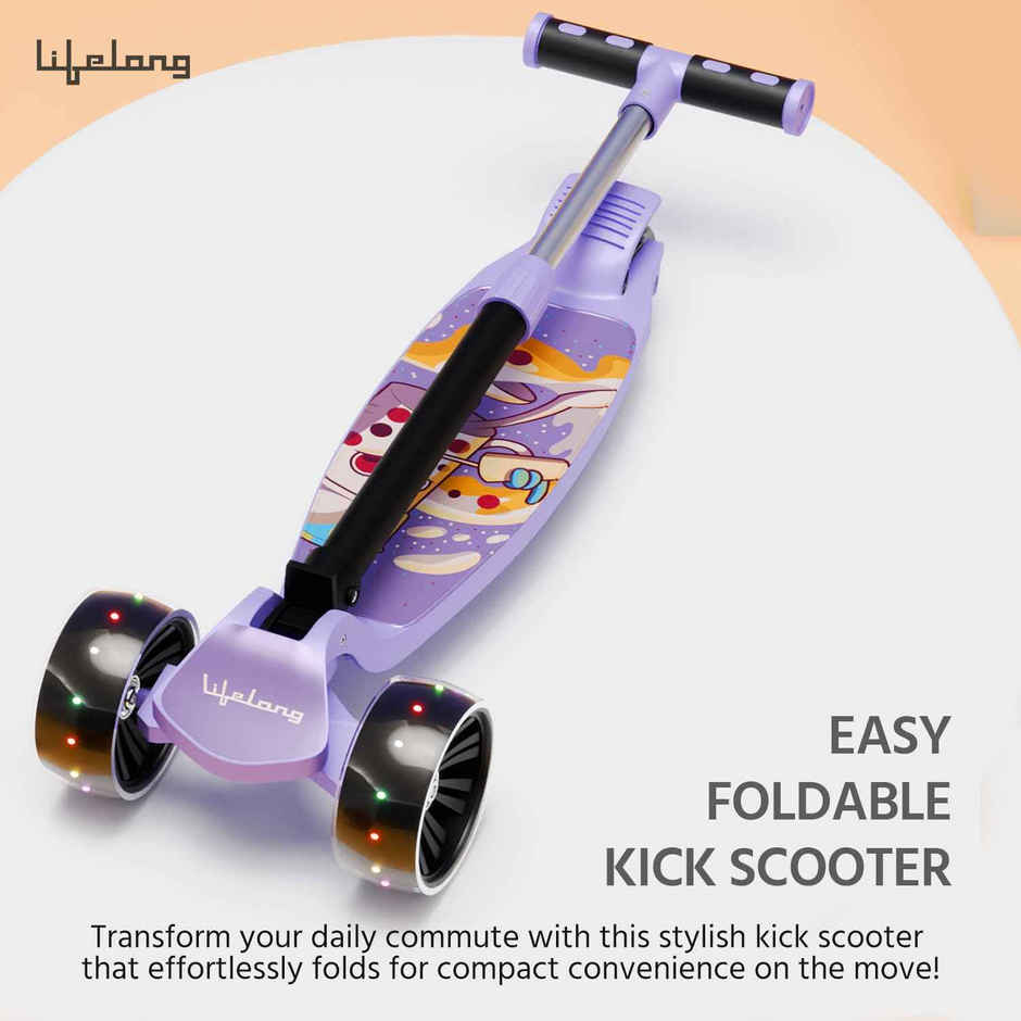 Lifelong Kick Scooter with Adjustable Height & LED Wheels for Kids | Max 50kg | Purple & Black