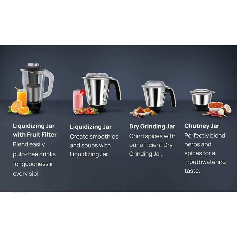 Wipro Elato FMG206 Mixer Grinder | 1000W | 4 Jars | Heavy Duty 100% Copper Motor - Black