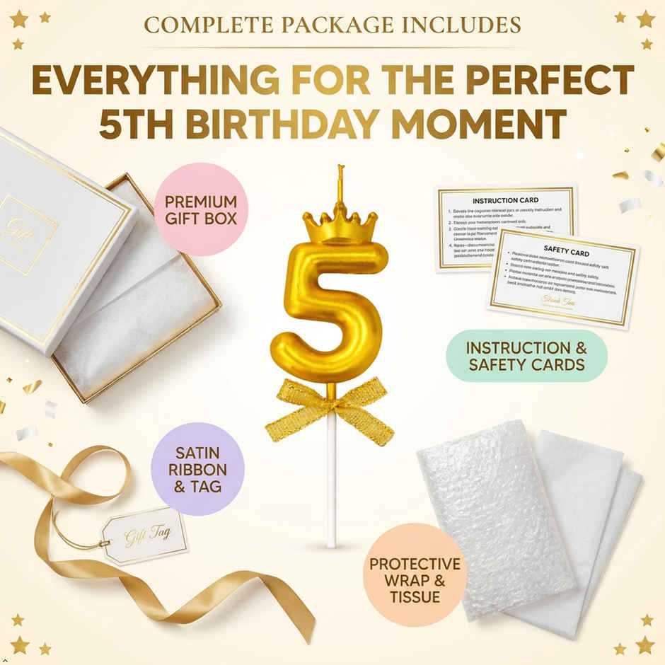 BeyondLuv Candles for Kids Birthday Party 5 Golden Number Candle With Crown