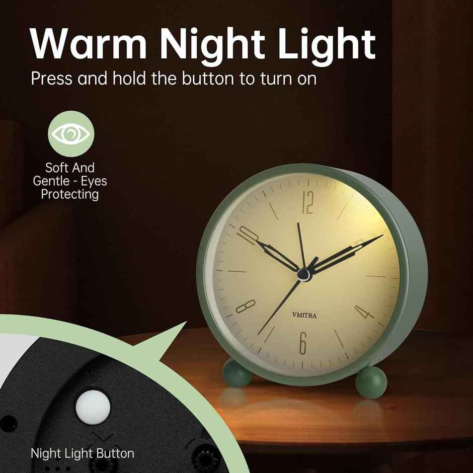 Perpetual Plastic Analog Alarm Clock | Super Silent Non Ticking Small Clock | Light Green - 4 in