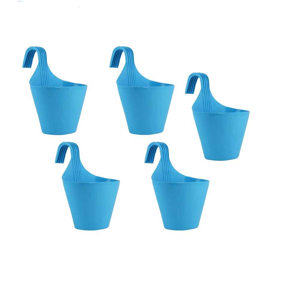 Nayra Plastic Railing Hanging Hook Pot Blue Color Indoor and Outdoor Hook Pots | Set of 5