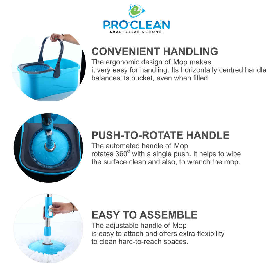 Proclean Elegant Bucket Spin Mop | With Telescopic Rod - 19-22 mm | With 2 Microfiber Mop