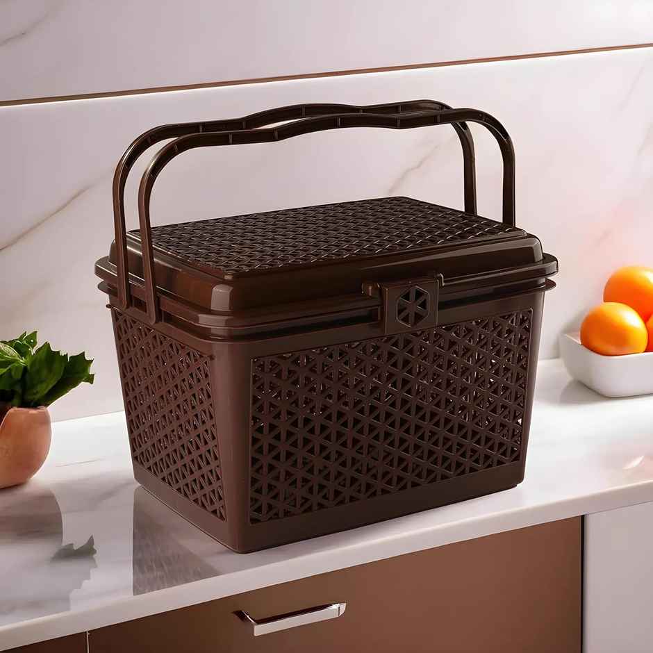 Kuber Industries Plastic Storage Basket with Handles & Lid 30x41x28 cm | Big Bin | Brown