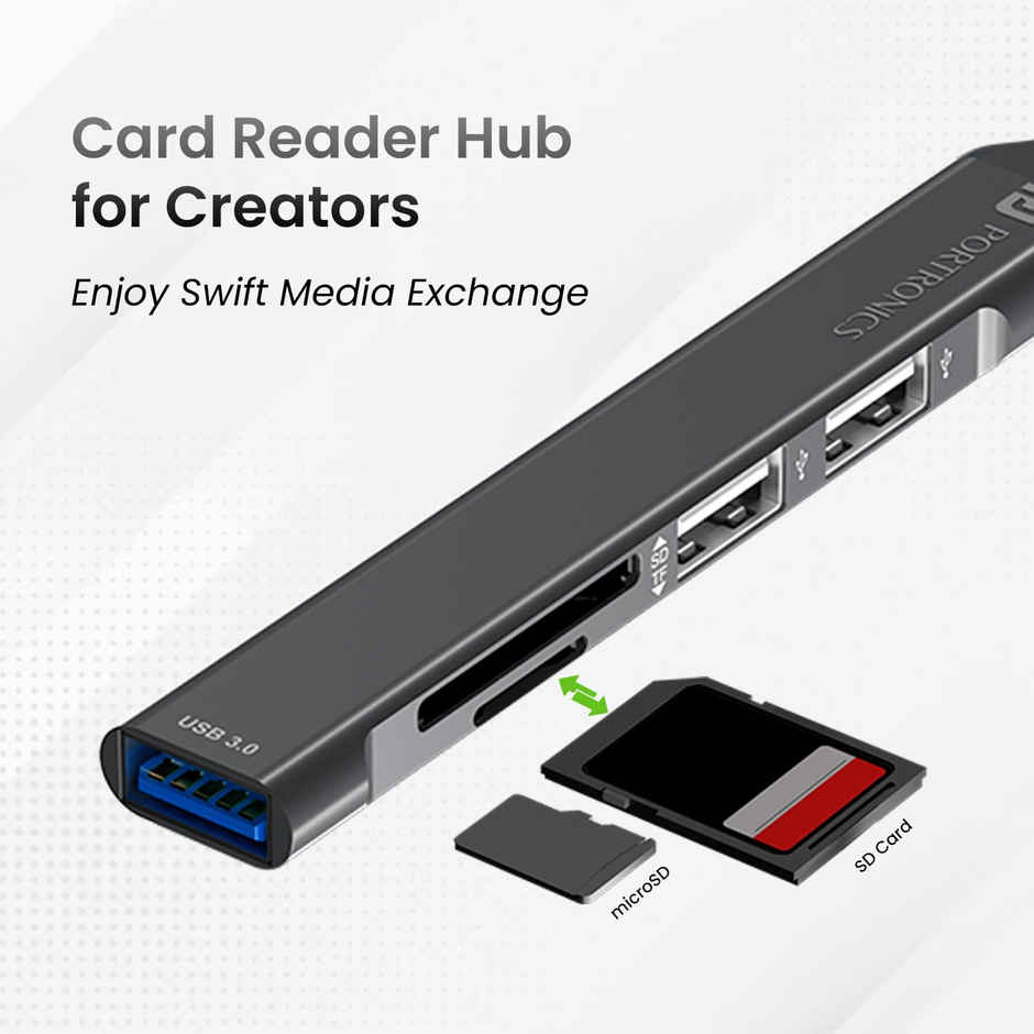 Portronics Mport 31 Plus - 5-in-1 USB Hub | With USB 3.0 port & Type-C Dual Plugs - Grey