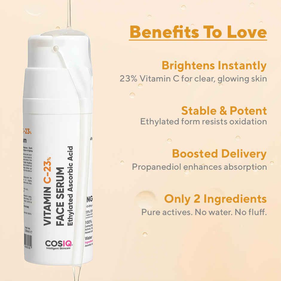 CosIQ 23% Vitamin C Face Serum Brightens Skin, Revives Dullness & Evens Skin Tone for All Skin Types
