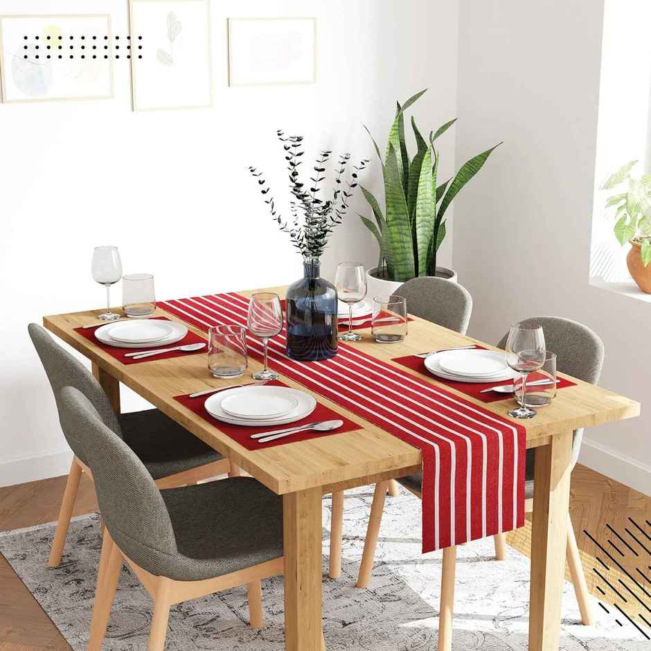 Encasa Xo Ribbed Cotton Table Runner+Placemat Roma Red 32X150 Cm, Pack Of 5