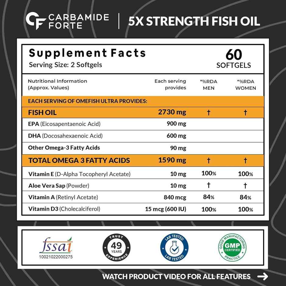 Carbamide Forte 5X Strength Omega 3 Fish Oil Capsules 2730mg | Omega 3 Supplement | 60 Capsules
