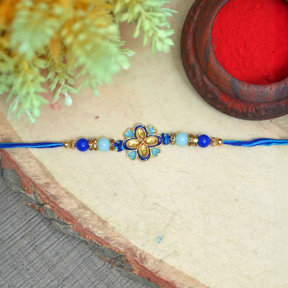 Aurum Floral Blue Rakhi With Beads - Graceful and Vibrant