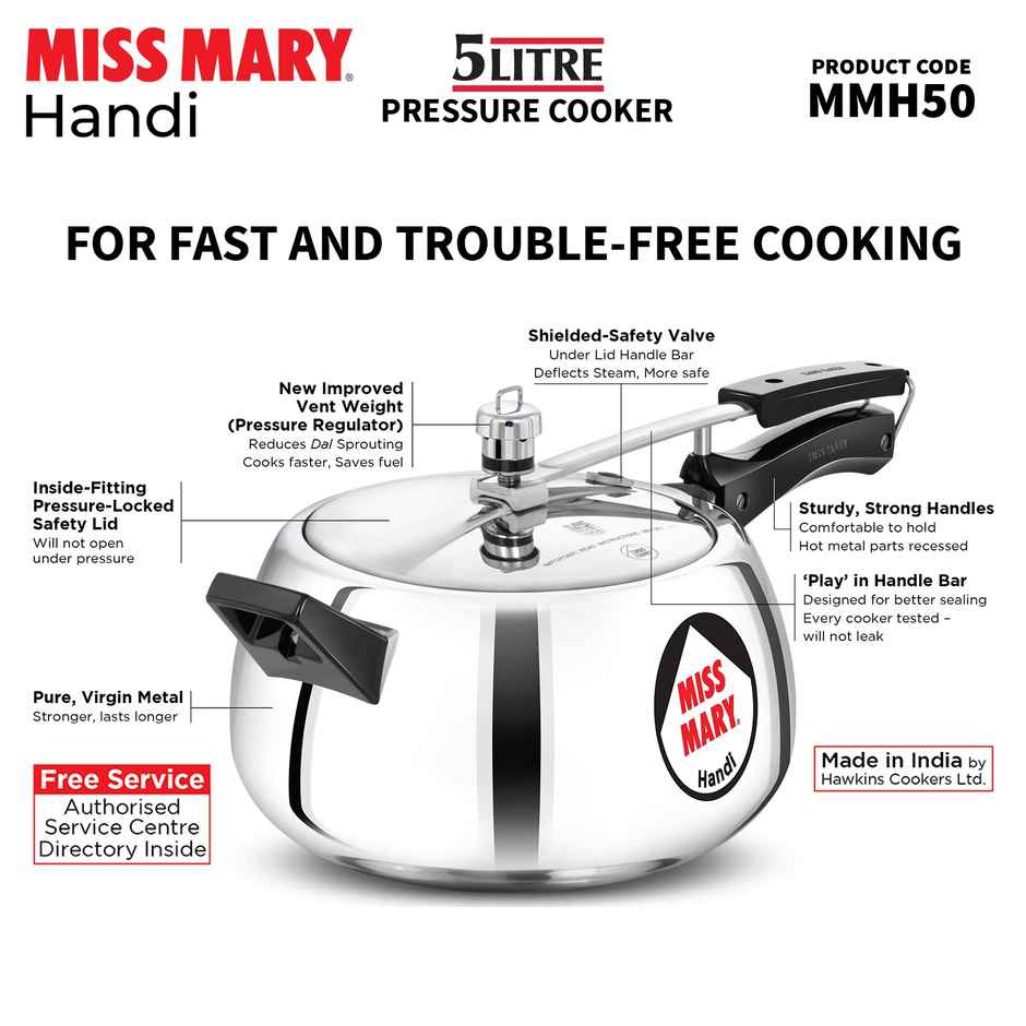 Hawkins 5 Litre Miss Mary Handi Pressure Cooker Inner Lid Cooker - Silver