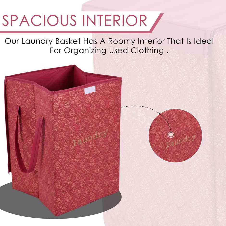 Kuber Industries | 75 L | Golden Print Foldable Laundry Basket | Lid & Handles | Maroon