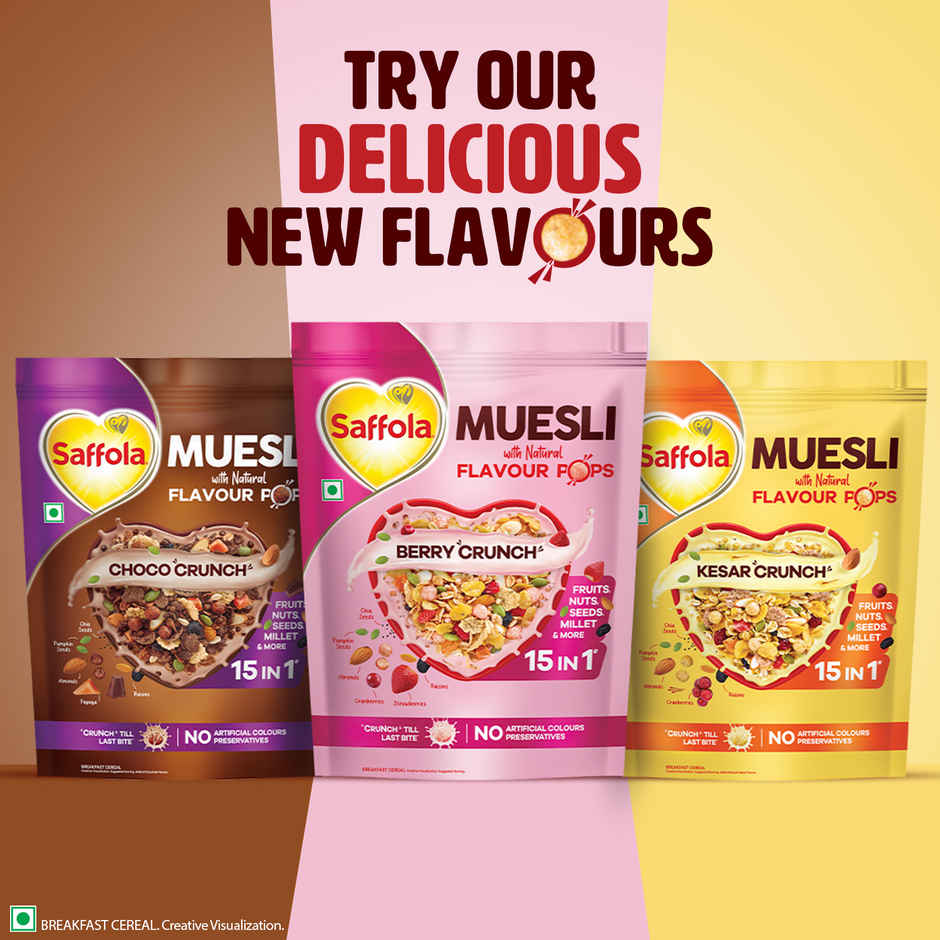 Saffola Muesli Berry Crunch with Flavour Pops | 15 in 1 Fruit and Nuts, Seeds | Millet & more