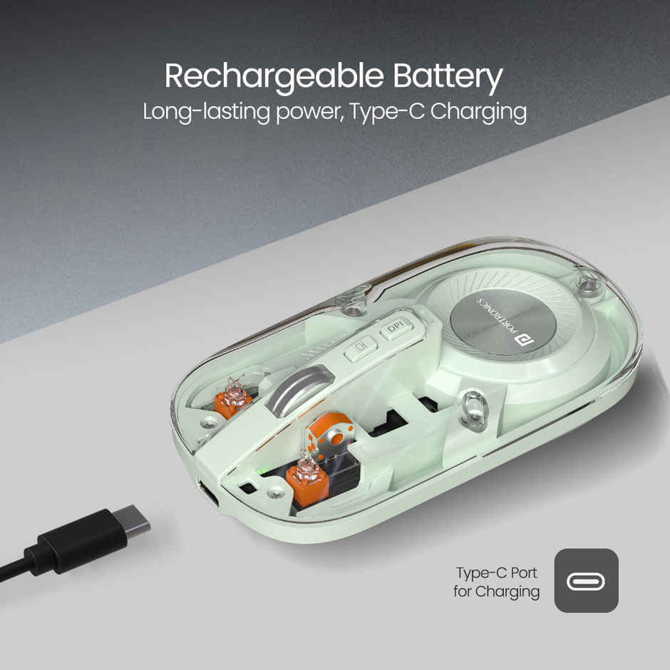 Portronics Toad 8 Transparent Wireless Bluetooth Mouse with Rechargeable Battery | Green
