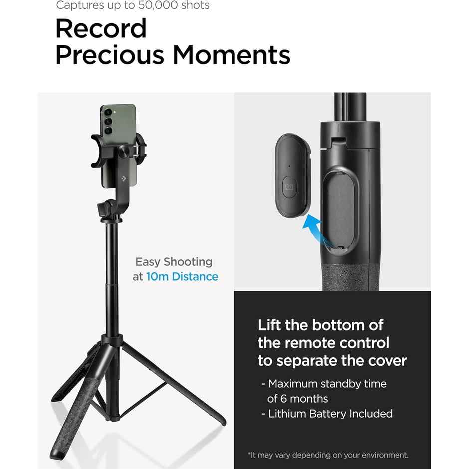 Spigen S560 Selfie Stick Tripod, With Wireless Wireless Blutooth Remote - Black