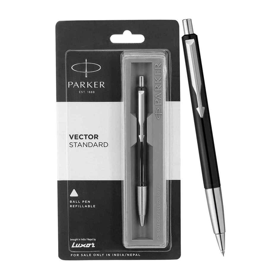 Parker Vector Standard Chrome Trim Black Ball Pen | Blue Ink | Teacher's Writing Companion