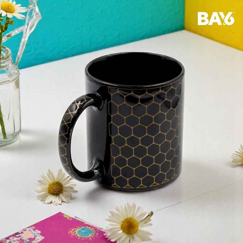 BAY6 Stoneware Solid Milk & Coffee Mugs - Gold & Black Geometric - 320 ml