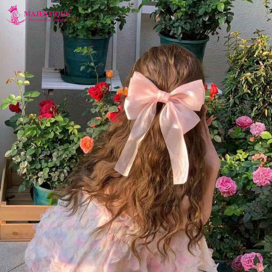 Majestique Big Satin Layered Hair Bow | Long Tail Ribbon Clip Accessory for Women | Pink