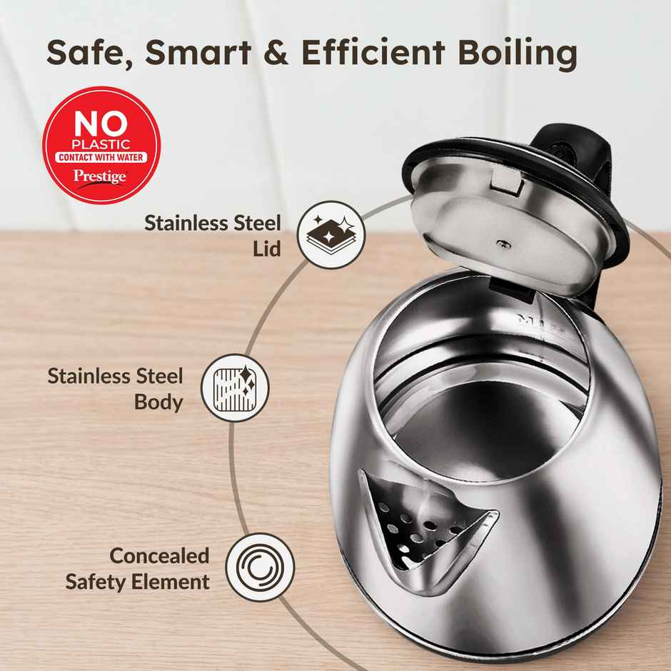 Prestige 1.5L PKOSS SS Electric Kettle, 1350 Watts, Elegant Design,Black, 1Y Warranty, ISI Certified