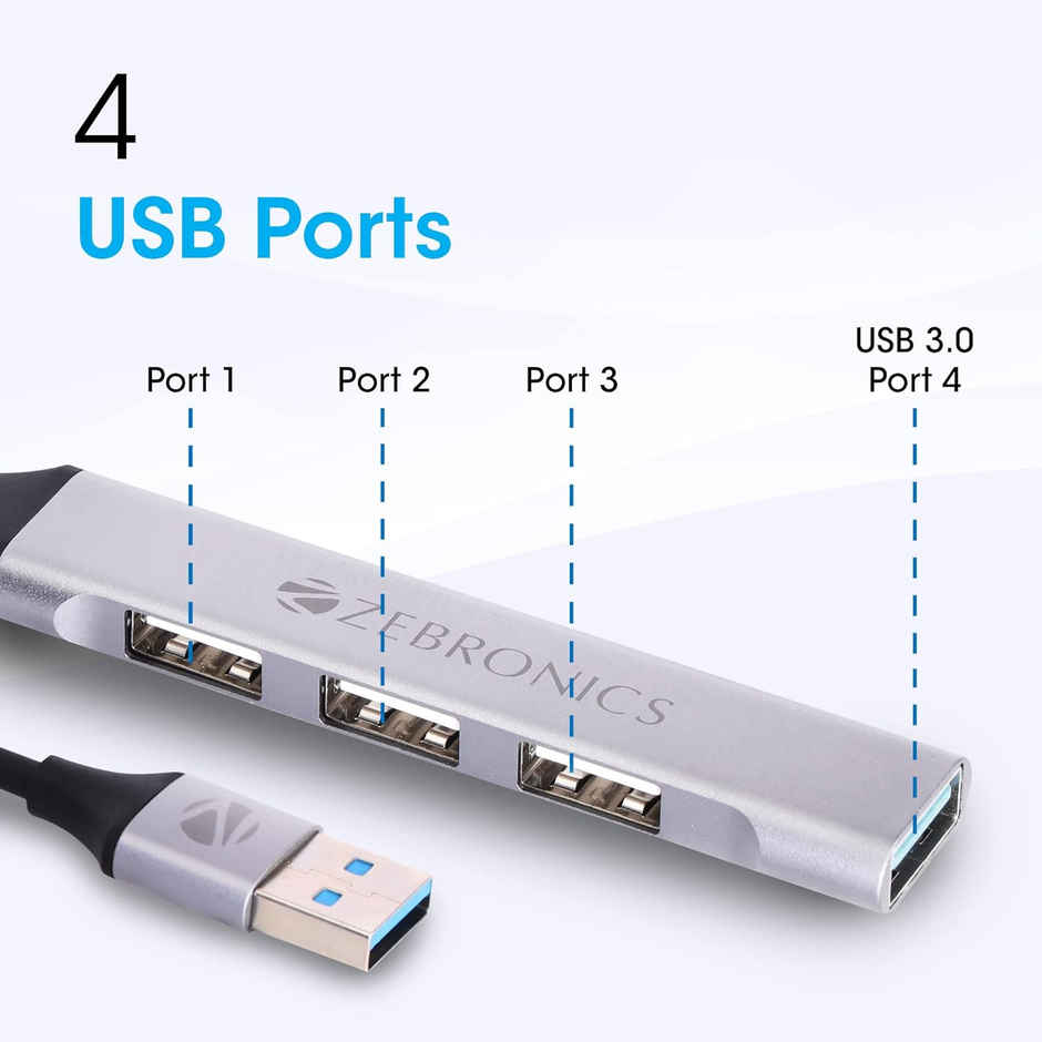 Zebronics 200HB USB 3.0 4 Port hub with Hi Speed Data Transfer, Aluminum + ABS Body, 15cm Cable, Sleek Design and Plug Play Usage - Black & Grey