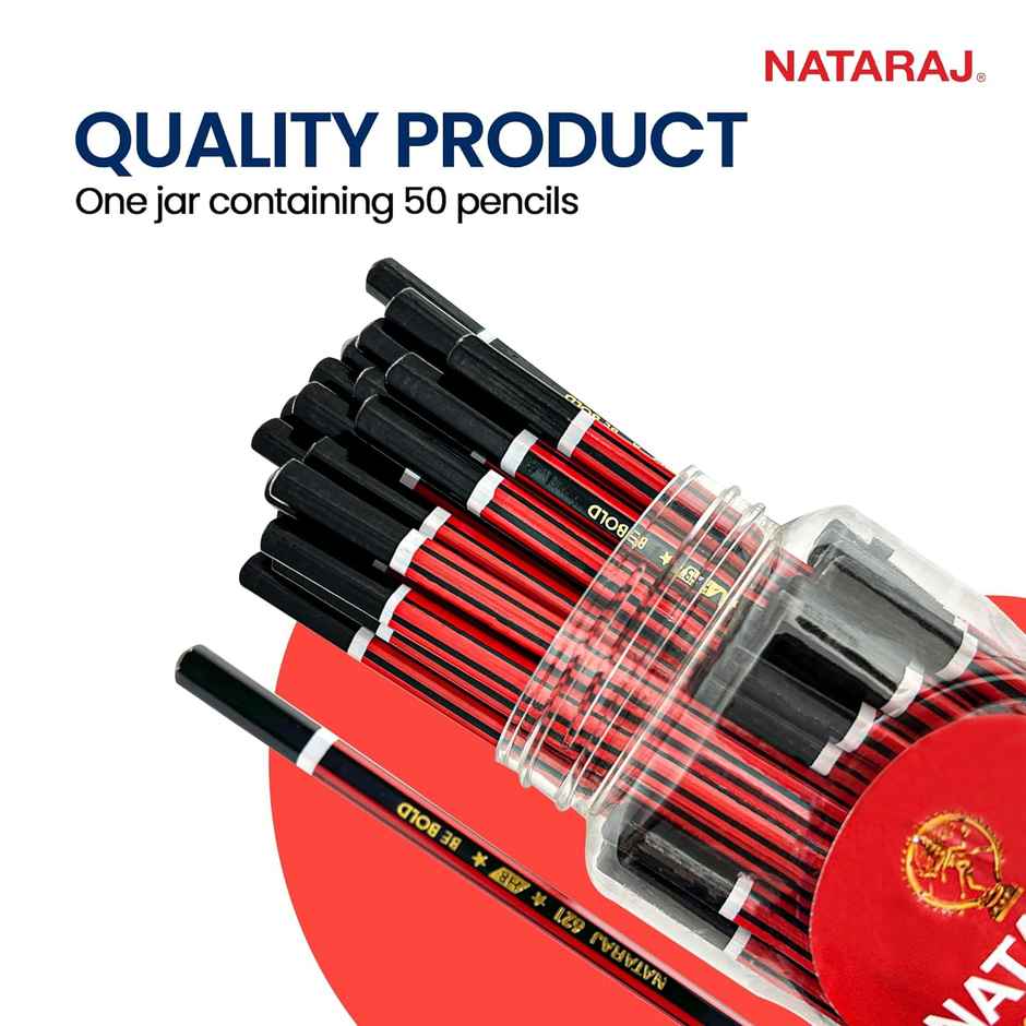 Nataraj 621 Pencil Jar-Pack Of 50, Red and Black body colour, Hexagonal Body|Black lead