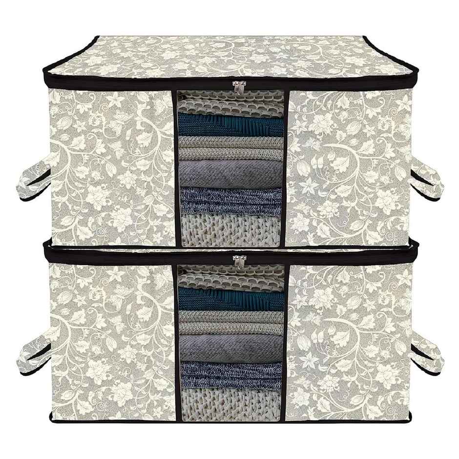 Kuber Industries Flower Underbed Storage Bag|Clear Window|Zipper & Handle|Large|Pack of 2|Black