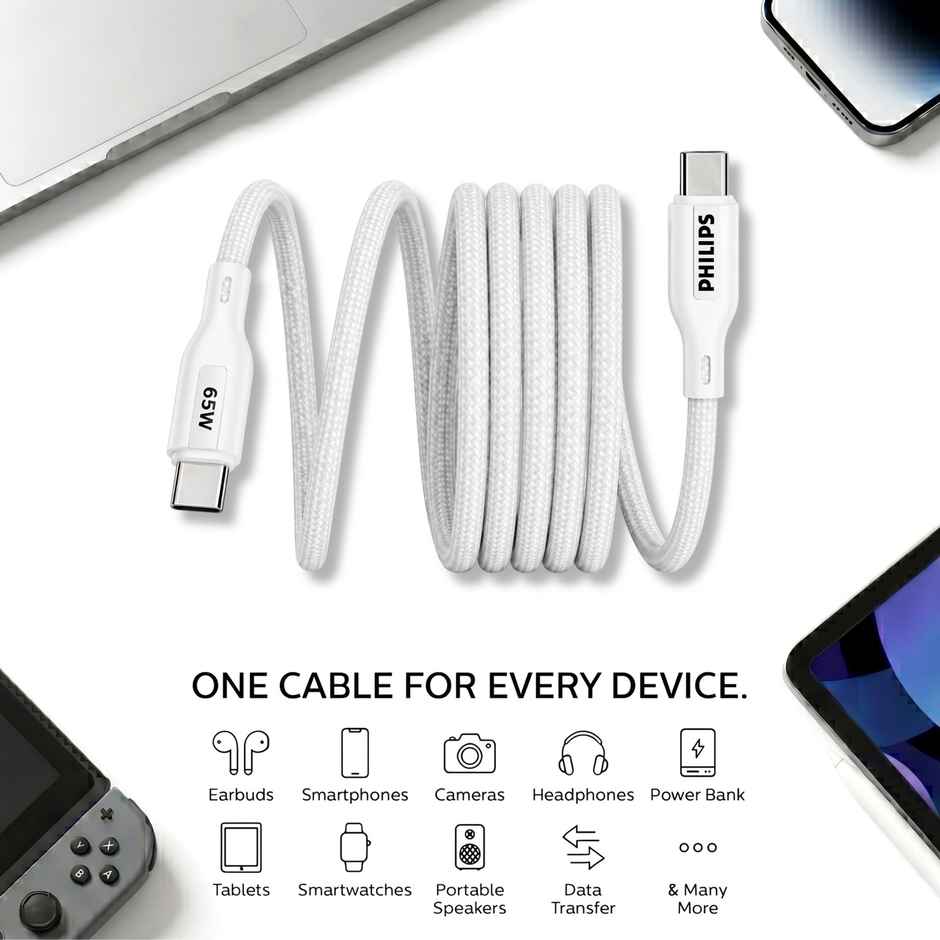 Philips DLC4130CW/94 65W USB Type-C to Type-C Fast Charging Cable | Nylon Braided | 1m