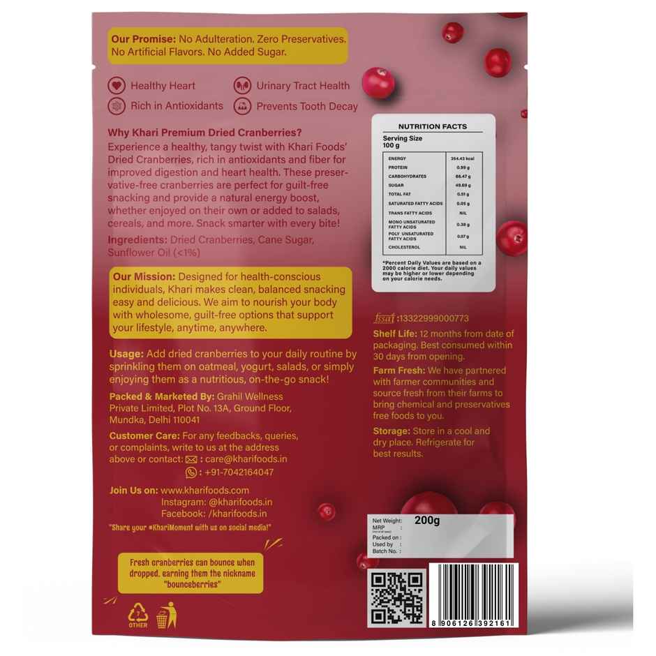 Khari Foods Premium Dried Cranberries | Antioxidants | Juicy & Delicious for Kids & Adults