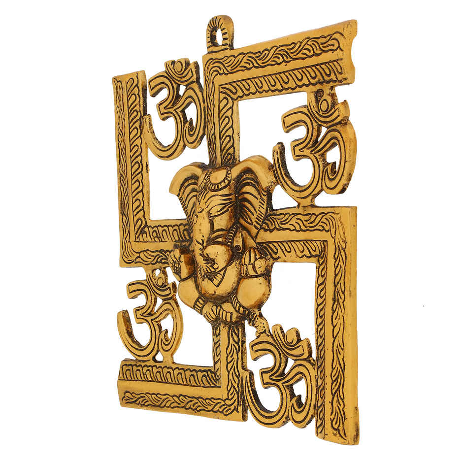 eCraftIndia Golden Lord Ganesha on Om Swastik Metal Wall Hanging