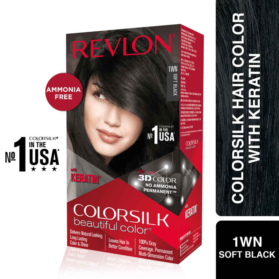 Revlon ColorSilk Hair Color with Keratin - 1WN Soft Black - (with Outrageous Shampoo 90 ml)