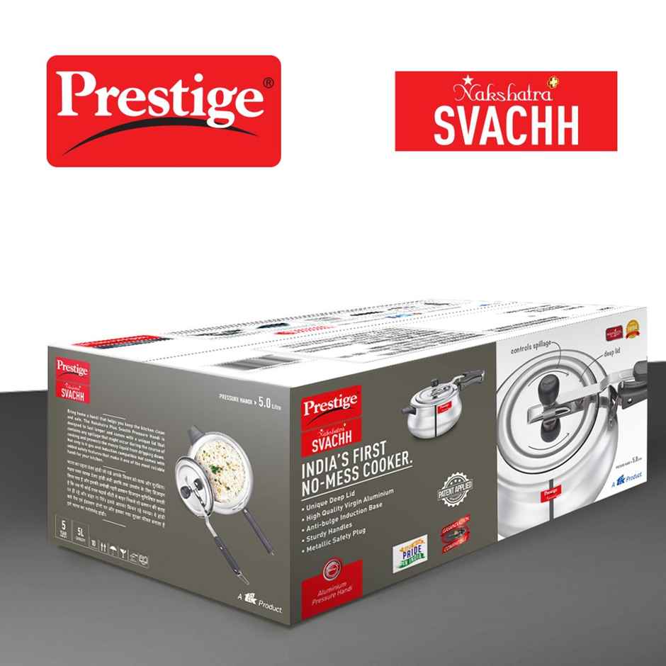 Prestige Nakshatra Plus Svachh Aluminium Pressure Cooker Handi 5Ltr,Ind Base,Spillage Control,Silver