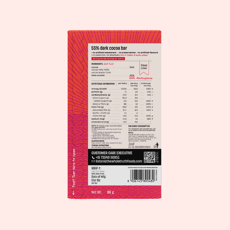 The Whole Truth Dark Cocoa Bar- 55% Dark | 80 G | Sweetened With Dates