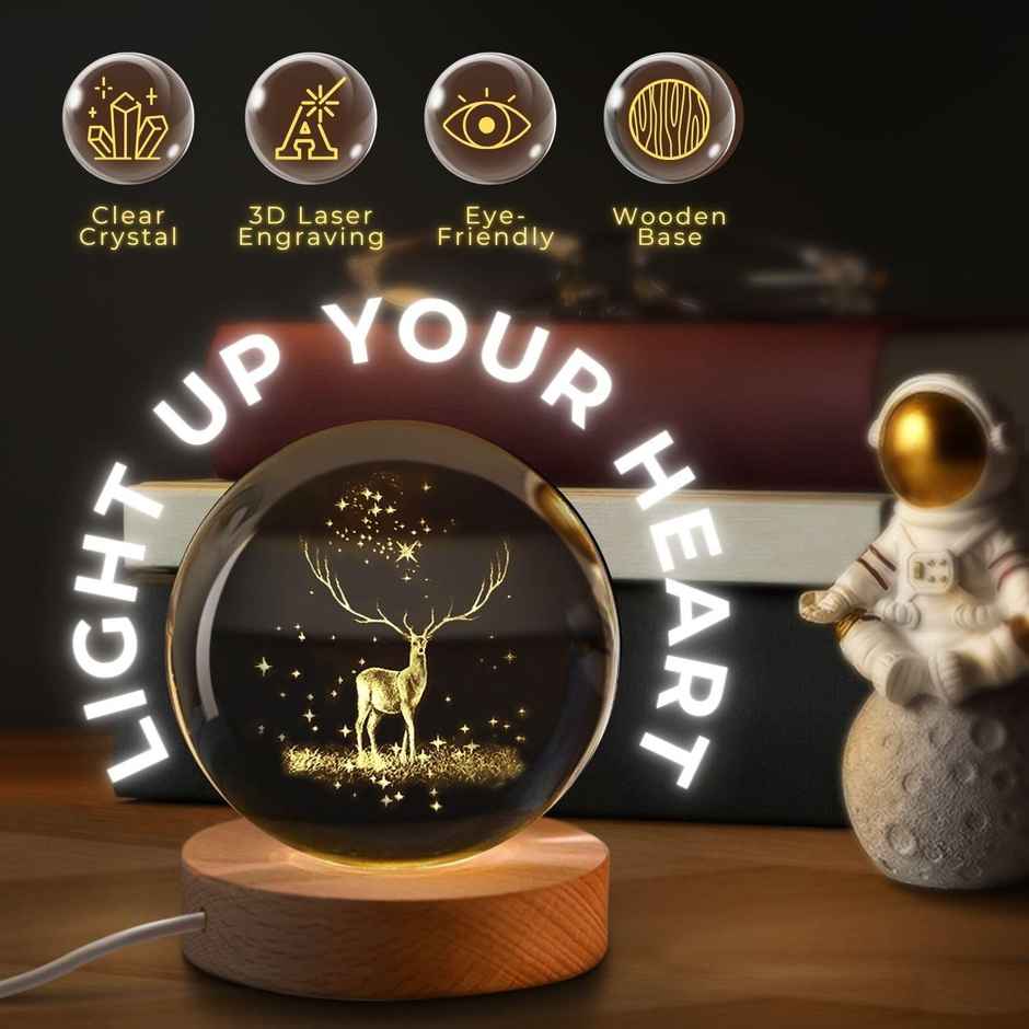 Hashwow Deer 3D Crystal Ball Night Light | 2.4 Inch LED Glass Lamp with Wooden Base|Gift