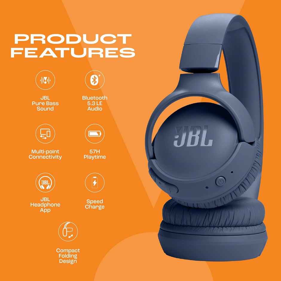 JBL Tune 520Bt Wireless On Ear Headphones With Mic (Blue)
