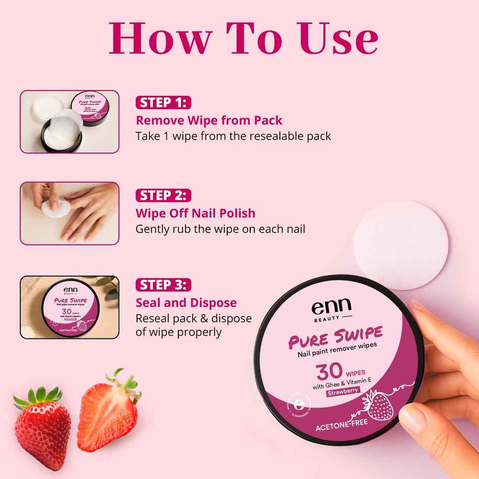 ENN Beauty Pureswipe Nail Remover Wipes Acetone Free Ghee and Vitamin E Biodegradable | Strawberry