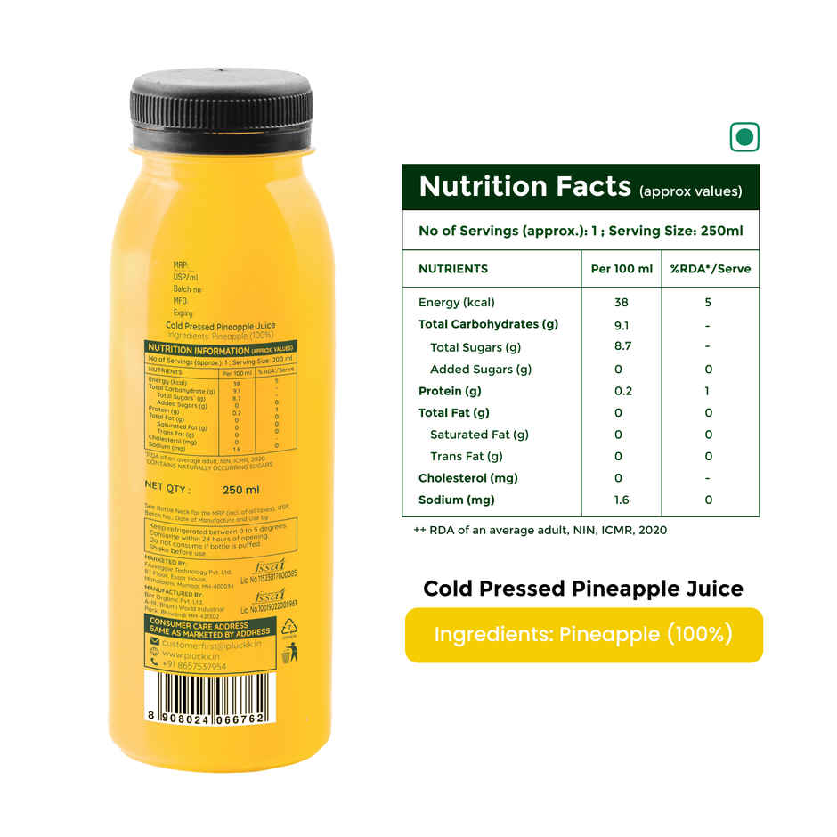 Pluckk Cold Pressed Extracted Pineapple Juice | No Preservatives | No Added Sugar