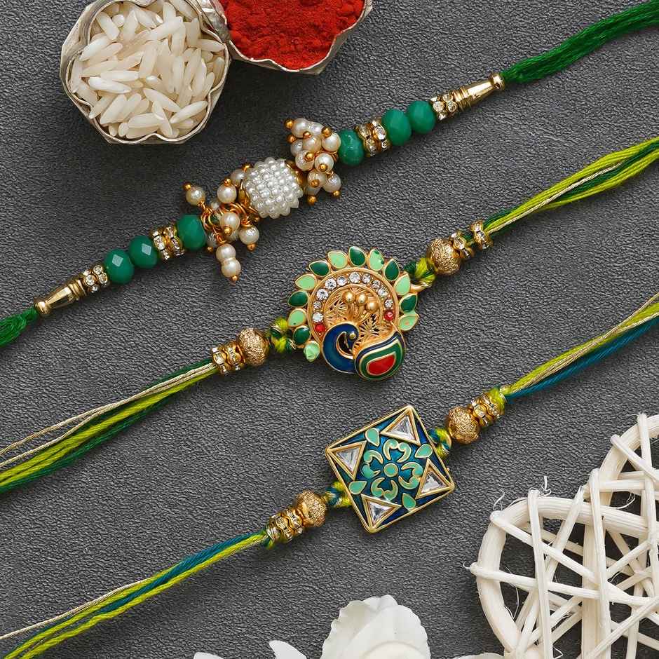 Rakhi for Brother | Peacock, Flower, Beads & Pearls | Stone | Includes Roli Chawal | Pack of 3 | Ecraftindia