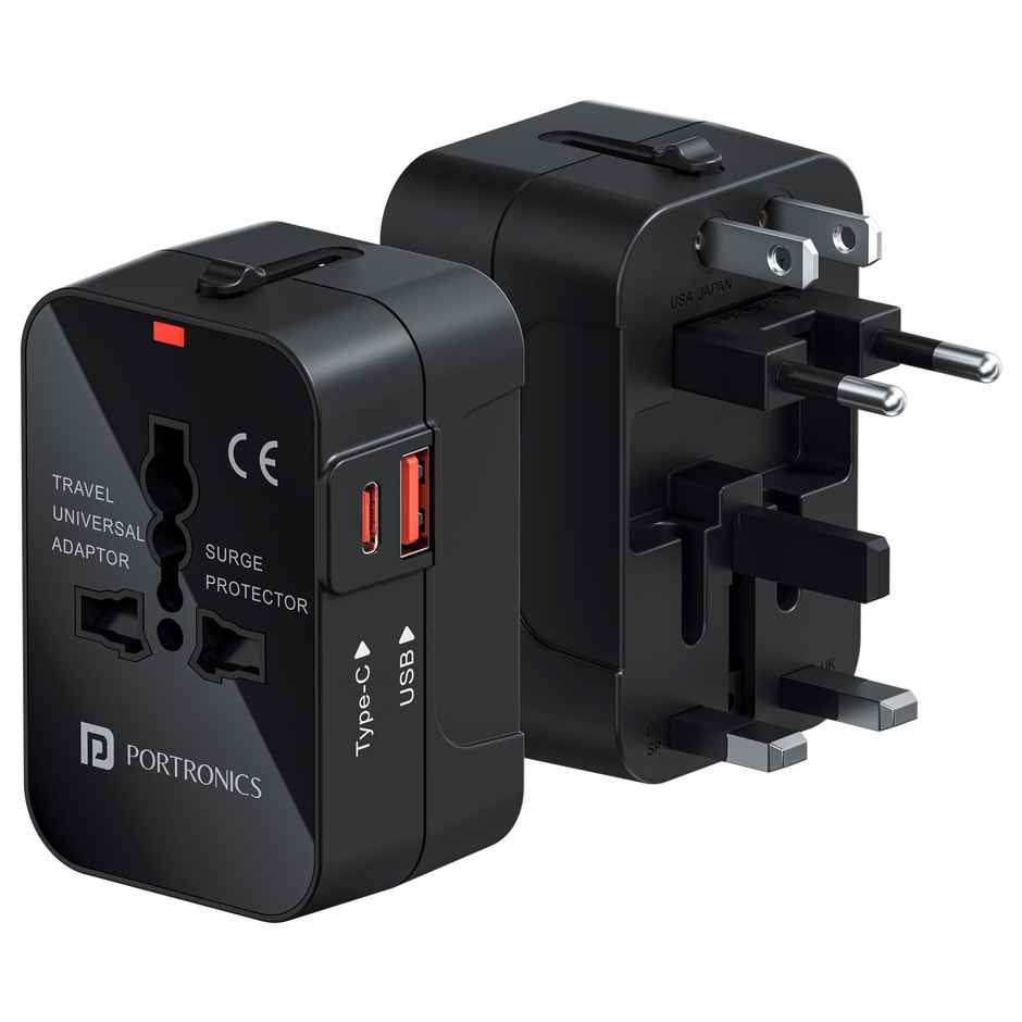 Portronics Juicemate Universal Travel Adapter | 20W | Type C | PD & 18W USB-A Output Port | Black