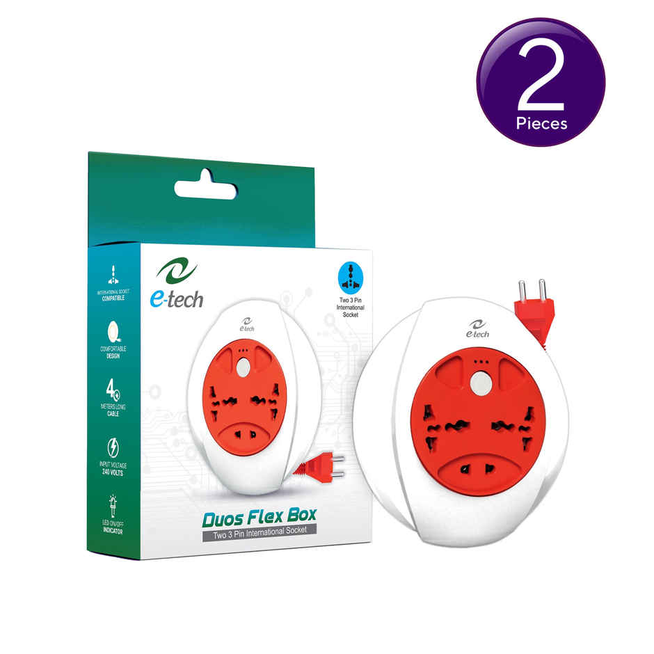 Etech Duos Flex Box With Two 3 Pin International Socket | One 2 Pin Socket | Push Button Switch Combo