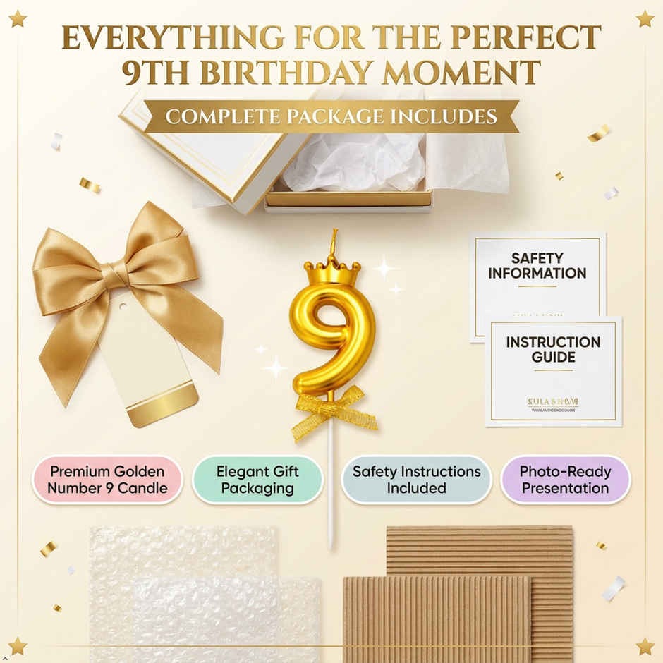 BeyondLuv Candles for Kids Birthday Party 9 Golden Number Candle With Crown