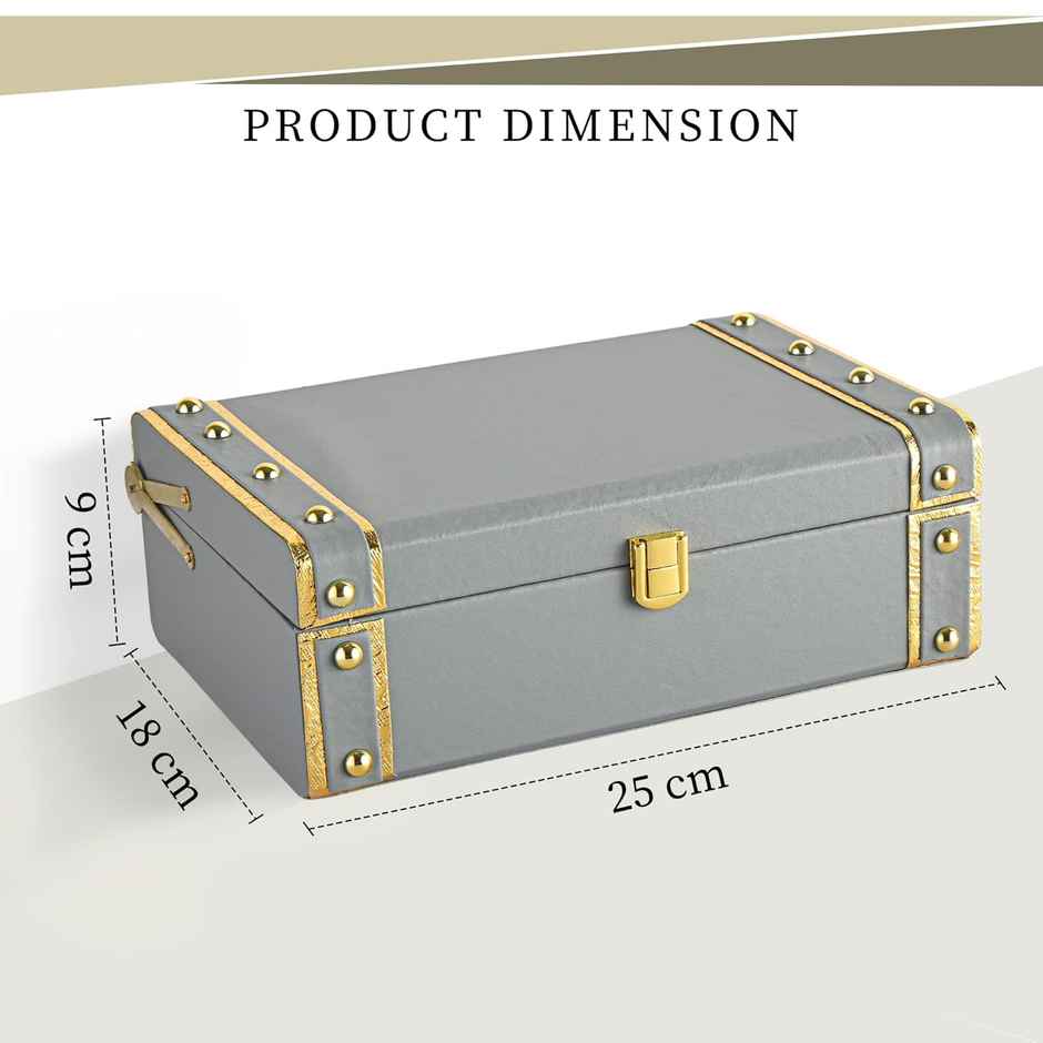 Kuber Industries Synthetic Leather Trunk Box | Jewellery Organisers Storage Box with Lock | Grey