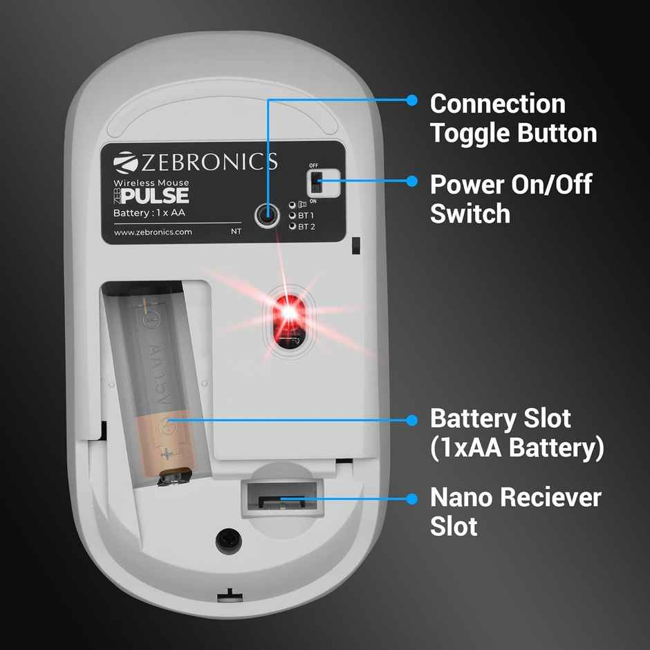 Zebronics Pulse Wireless Mouse, Multi Connectivity, Dual Bluetooth Laptop Computer (White)