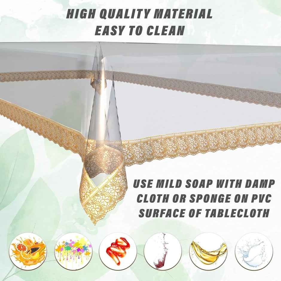 Kuber Industries PVC 6 Seater Transparent Dining Table Cover with Golden Lace