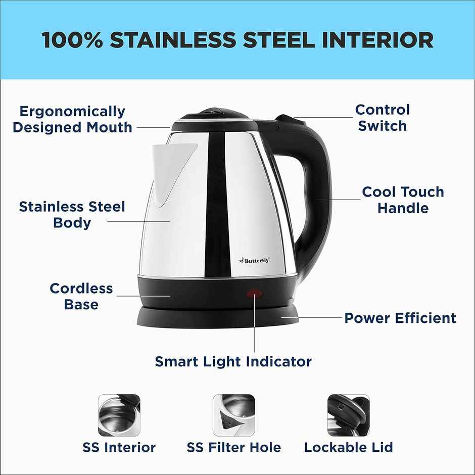 Butterfly Ekn 1.5 Litre Stainless Steel Electric Kettle,1500 W,360 Degree Swivel Power Base-Silver
