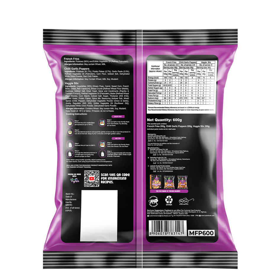 HyFun My Family Pack | 3-in-1 French Fries, Chilli Garlic Poppers & Veggie Stix | Frozen