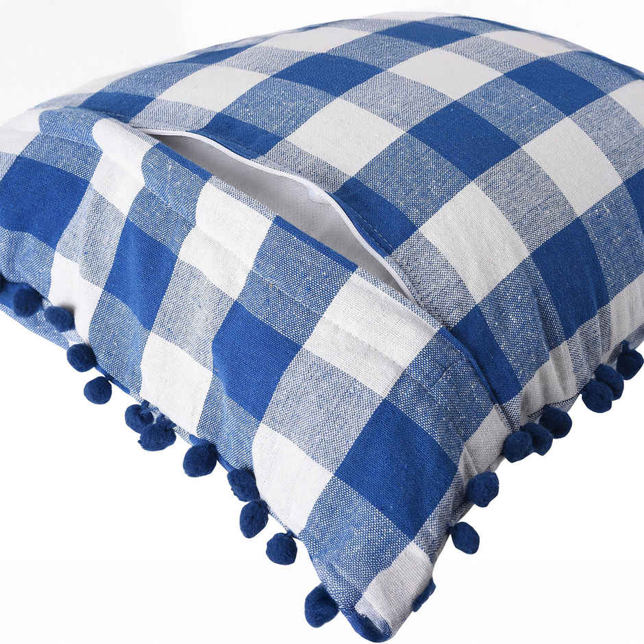Lushomes Cotton Cushion Covers - Blue and White Checks | 20 x 20 inch | Pom Pom