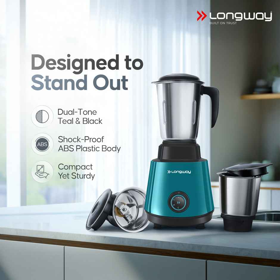 Longway Roto Max 500W Mixer Grinder + 1100W Dry Iron | 3 Jars | Powerful Motor | Teal & Black |Combo