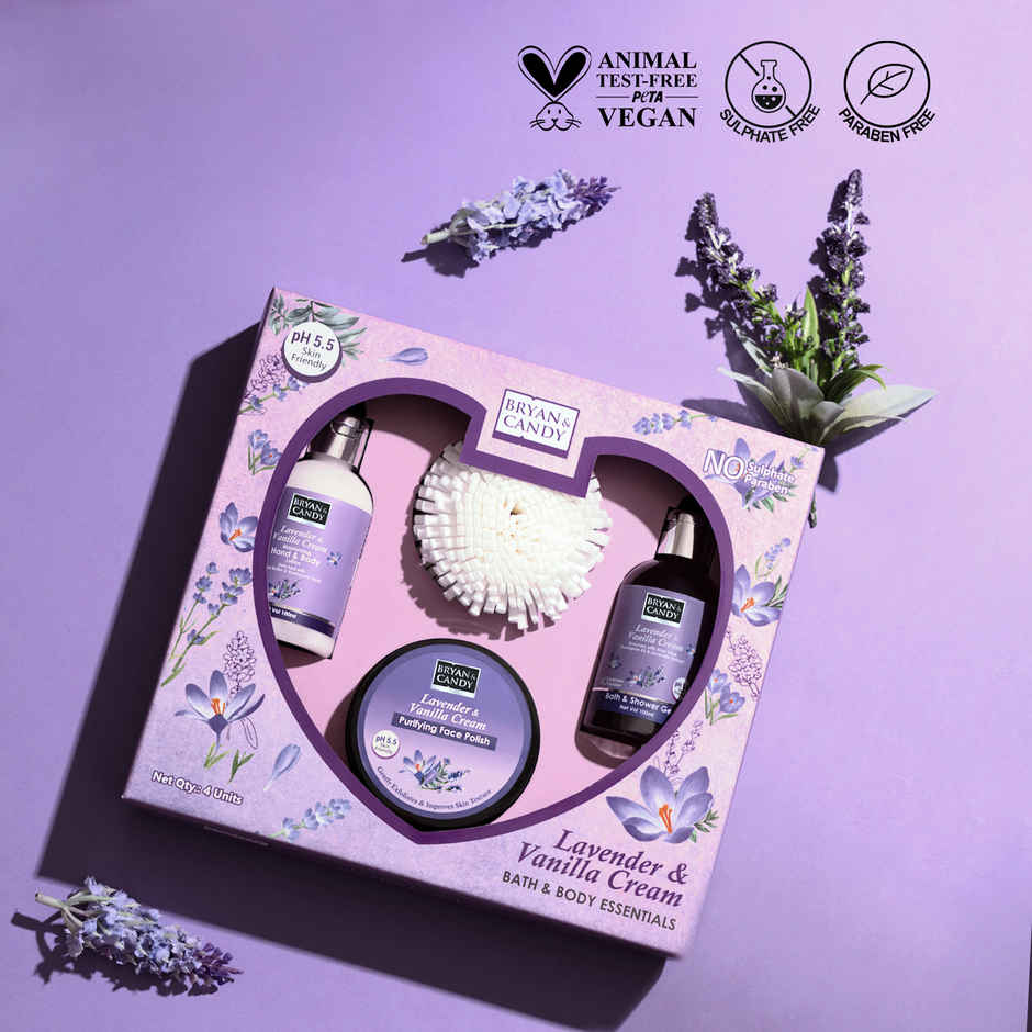 Bryan & Candy Lavender Heart Kit Combo|Shower Gel|Hand-Body Lotion|Body Polish|Loofah|Pack Of 3