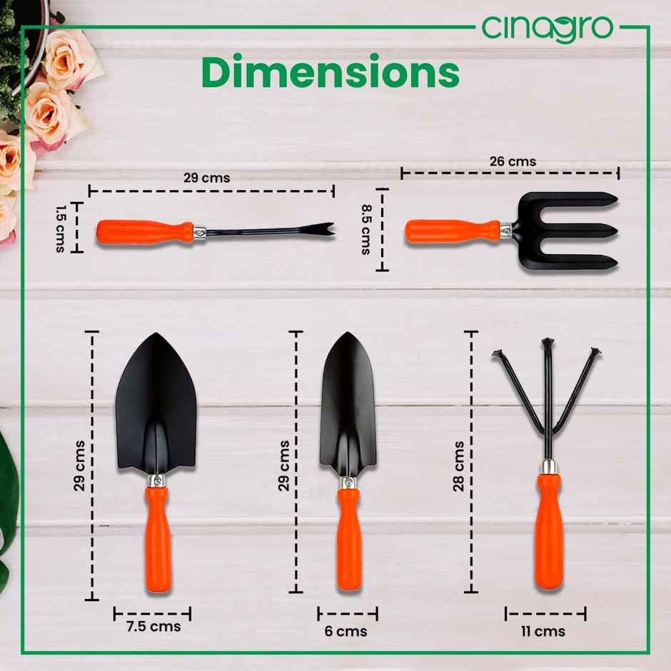 Cinagro Garden Tools - 5 Pcs | Weeder | Big and Small Trowel | Hand Fork | Cultivator