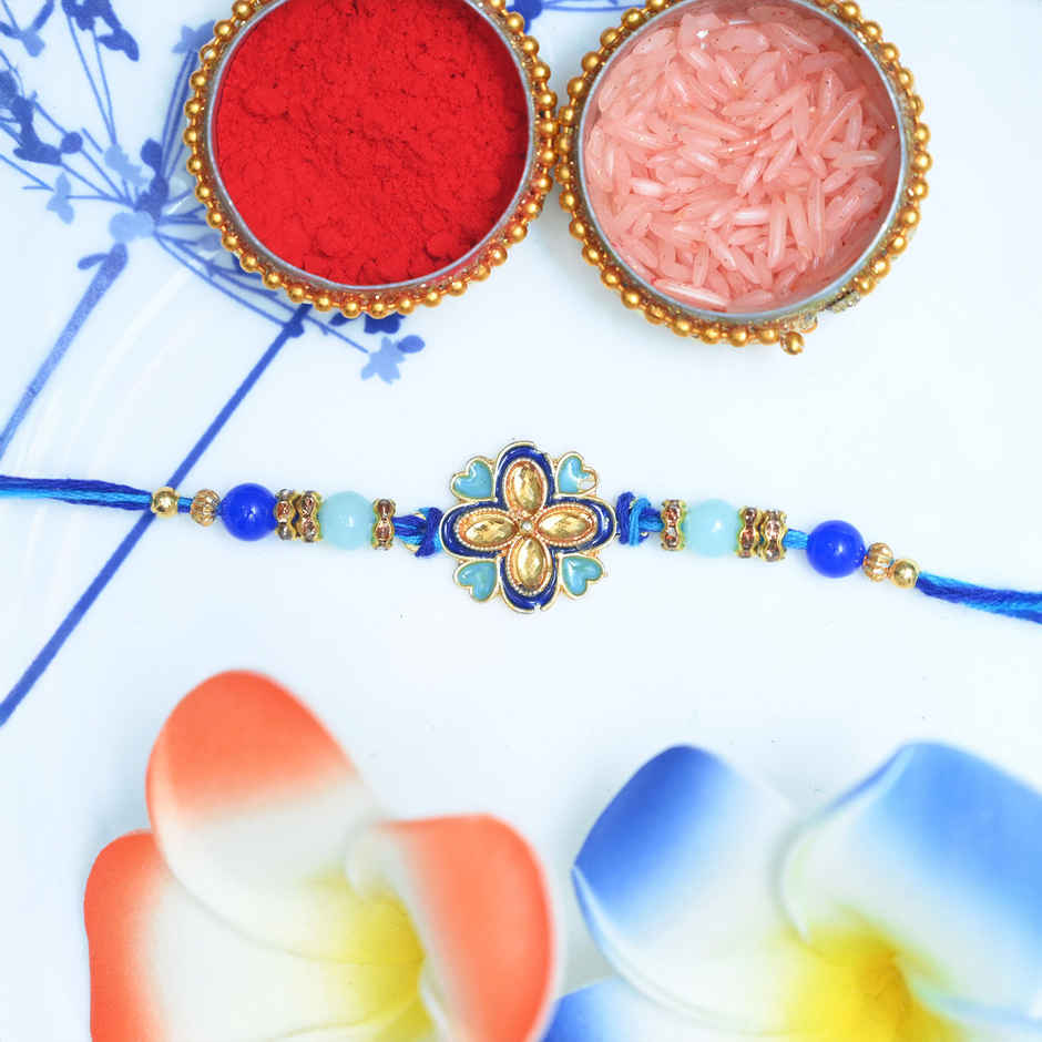Aurum Floral Blue Rakhi With Beads - Graceful and Vibrant