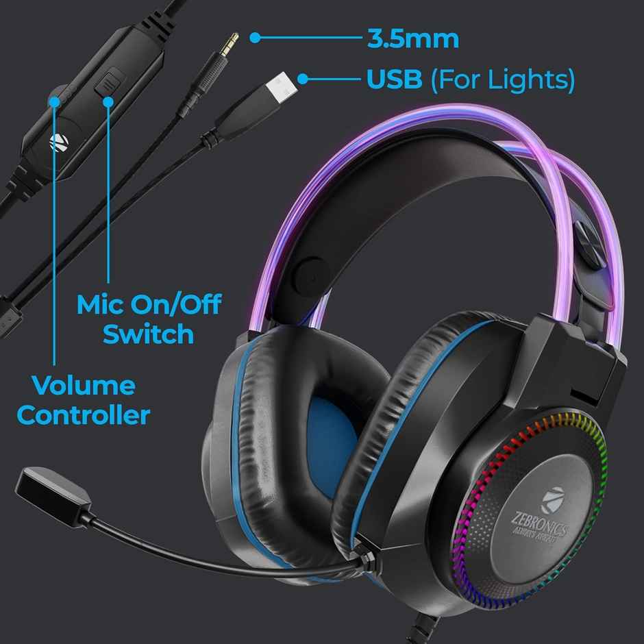 Zebronics Jet PRO Premium Wired Gaming On Ear Headphone with LED for Headband + earcups, 40mm Neodymium Drivers, 2 Meter Braided Cable, with mic, Suspension Design, 3.5mm + USB Connector - Black, Blue
